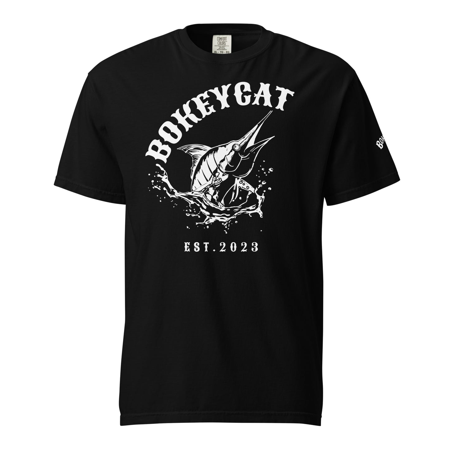 BokeyCat Unisex garment-dyed heavyweight t-shirt (print is off white in color on back of shirt)