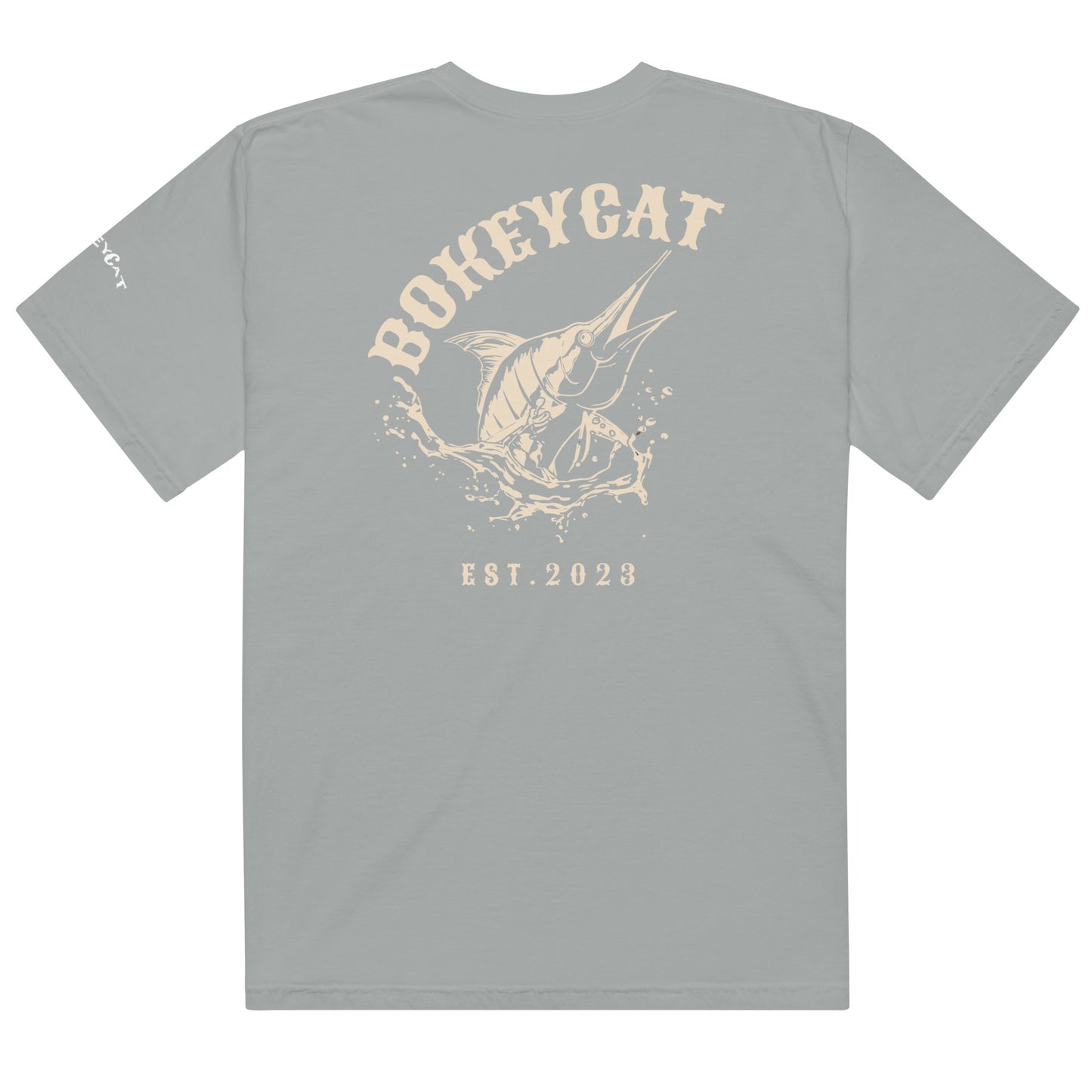 BokeyCat Unisex garment-dyed heavyweight t-shirt (print is off white in color on back of shirt)
