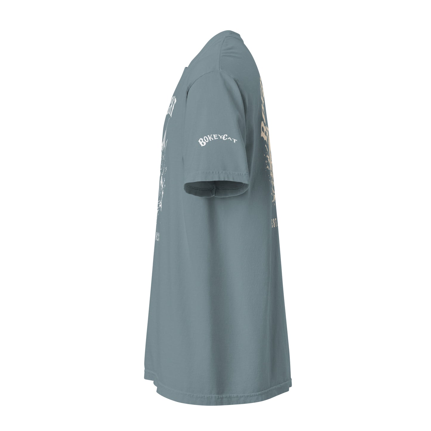 BokeyCat Unisex garment-dyed heavyweight t-shirt (print is off white in color on back of shirt)
