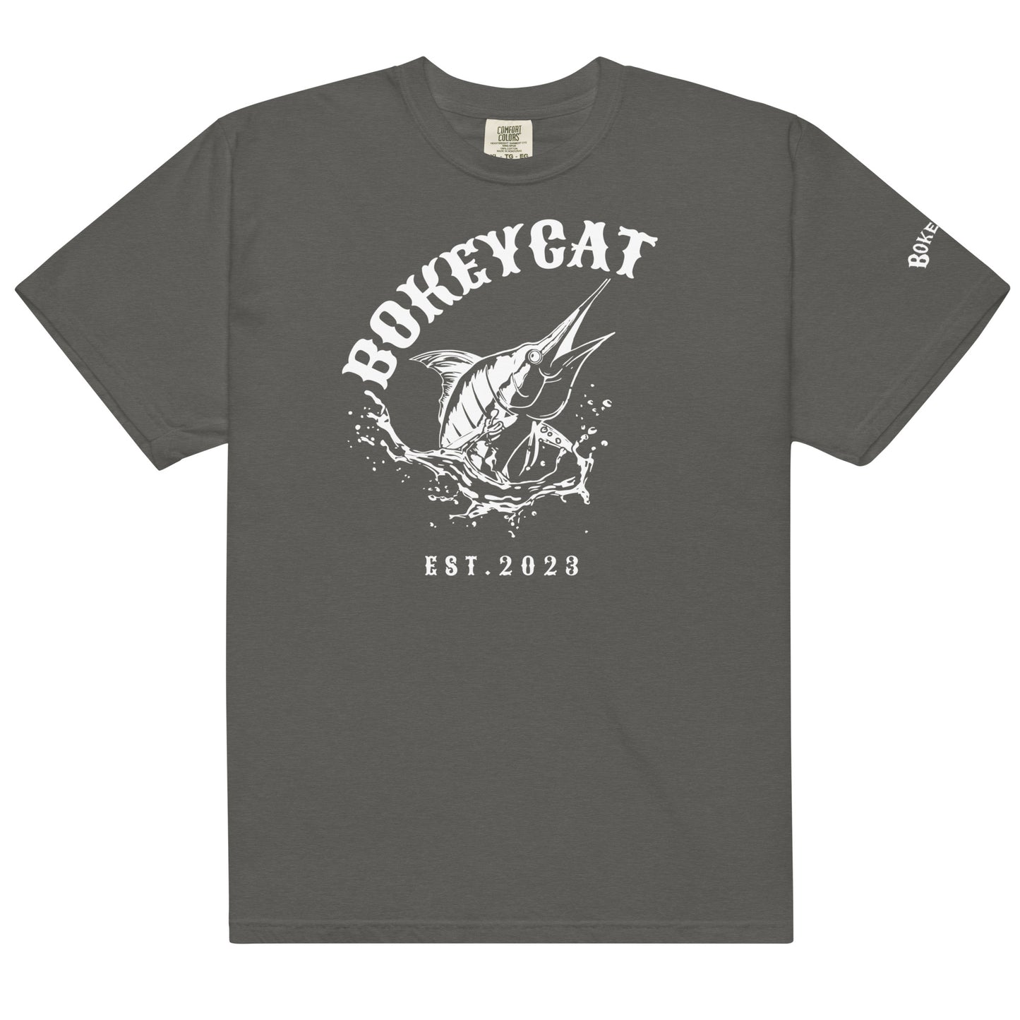 BokeyCat Unisex garment-dyed heavyweight t-shirt (print is off white in color on back of shirt)