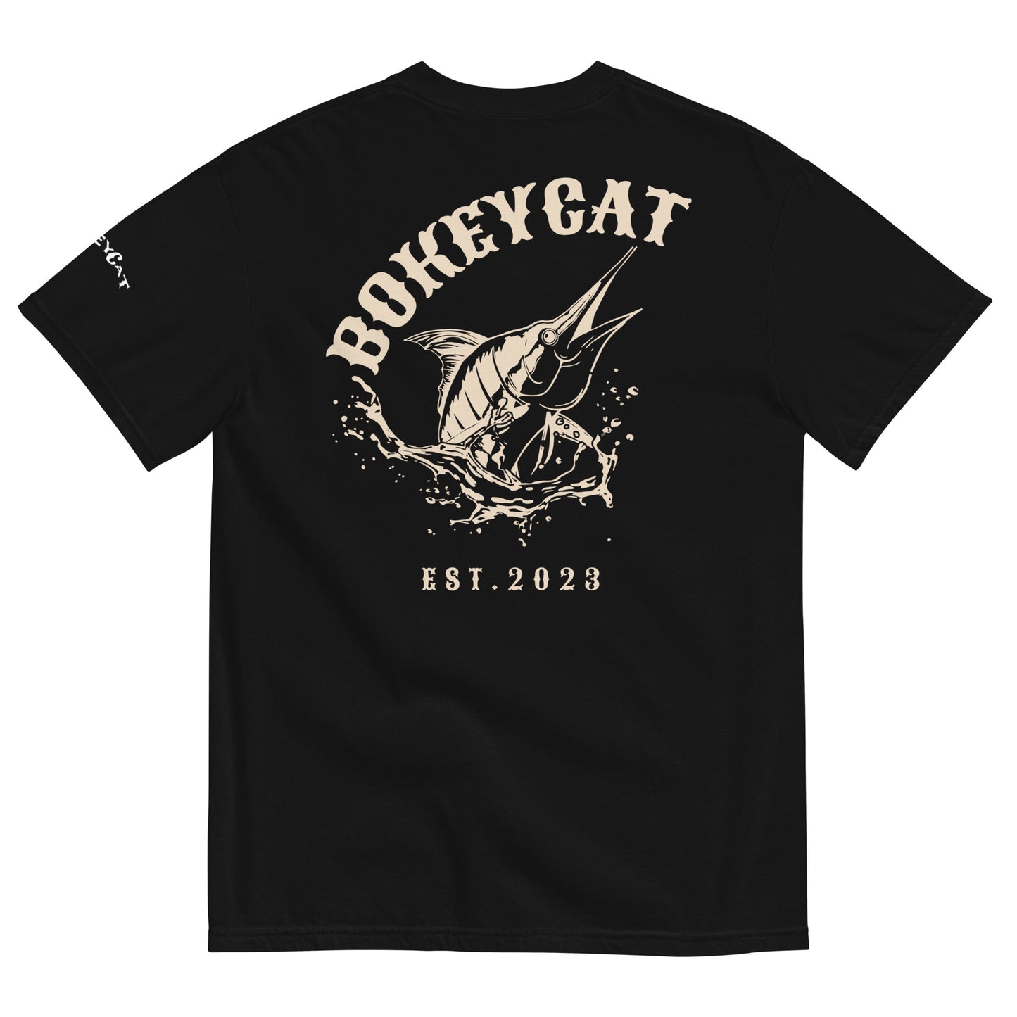 BokeyCat Unisex garment-dyed heavyweight t-shirt (print is off white in color on back of shirt)