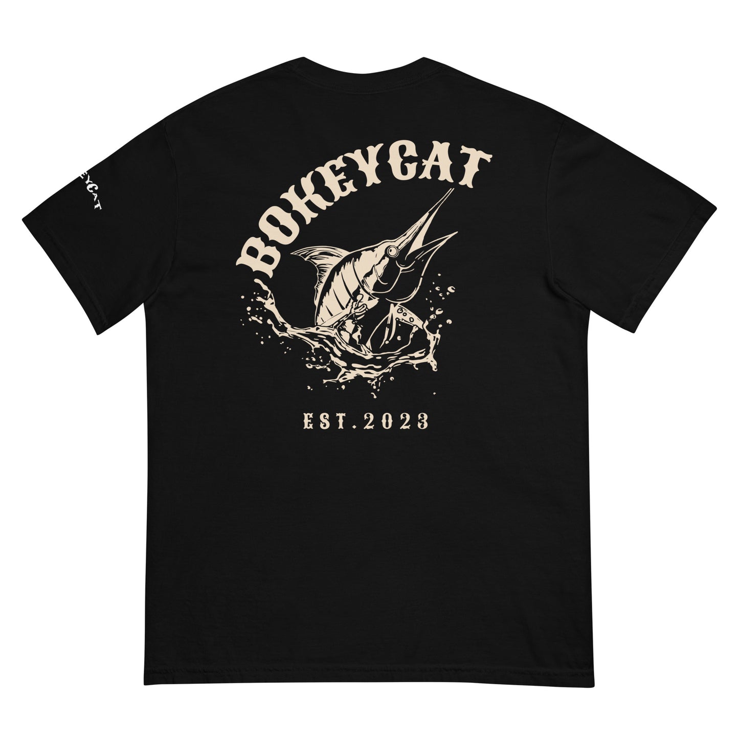 BokeyCat Unisex garment-dyed heavyweight t-shirt (print is off white in color on back of shirt)