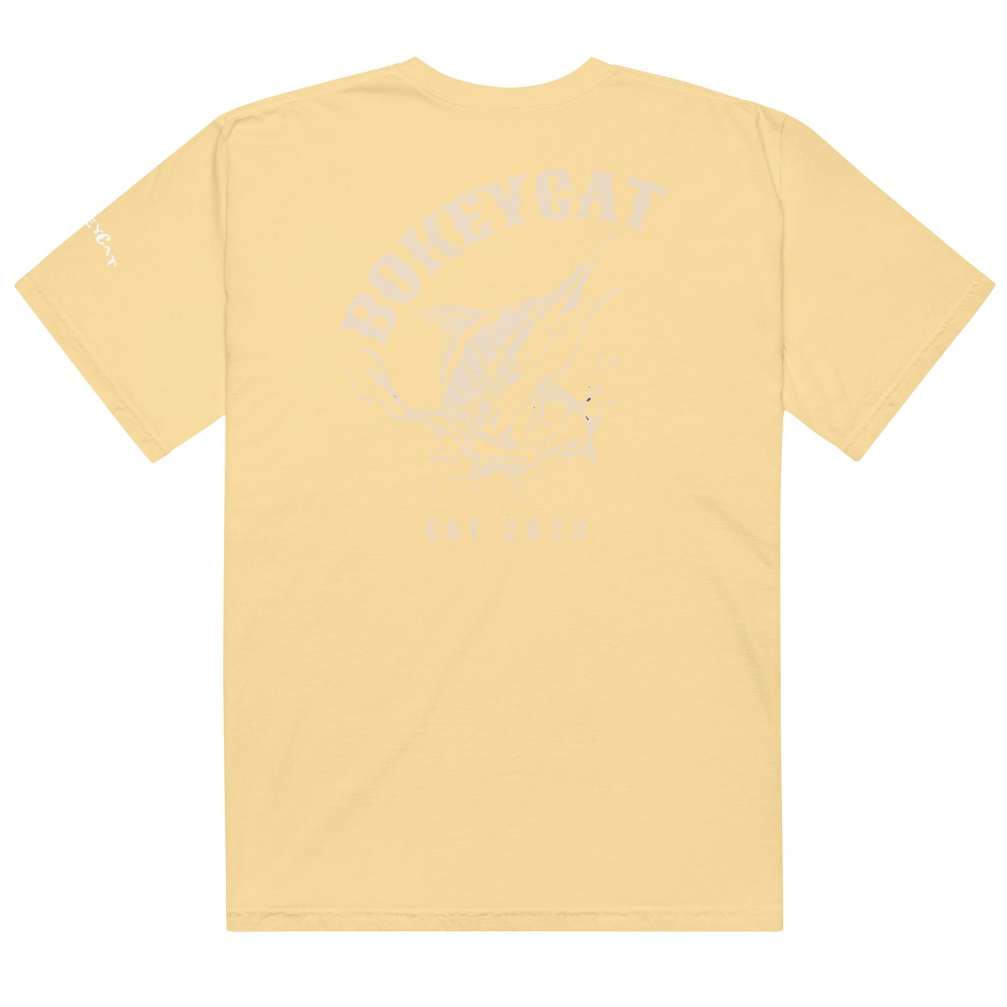 BokeyCat Unisex garment-dyed heavyweight t-shirt (print is off white in color on back of shirt)