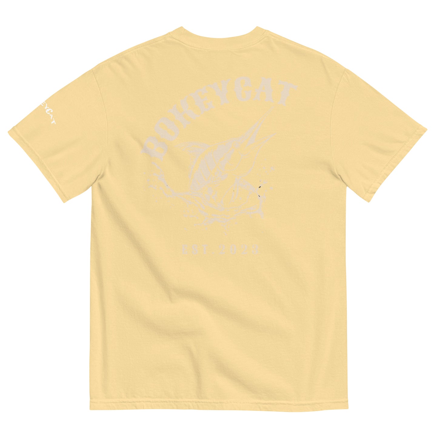 BokeyCat Unisex garment-dyed heavyweight t-shirt (print is off white in color on back of shirt)