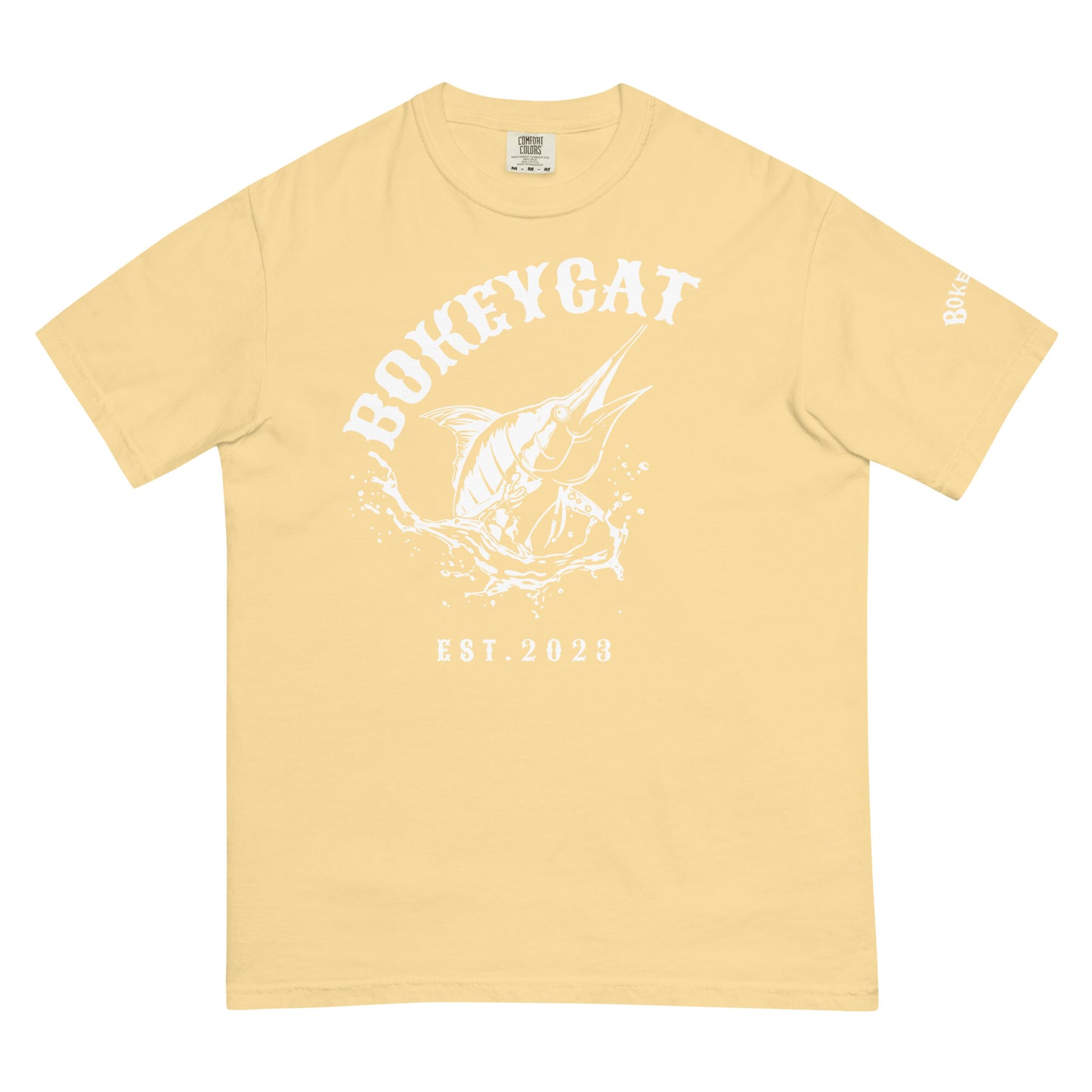 BokeyCat Unisex garment-dyed heavyweight t-shirt (print is off white in color on back of shirt)