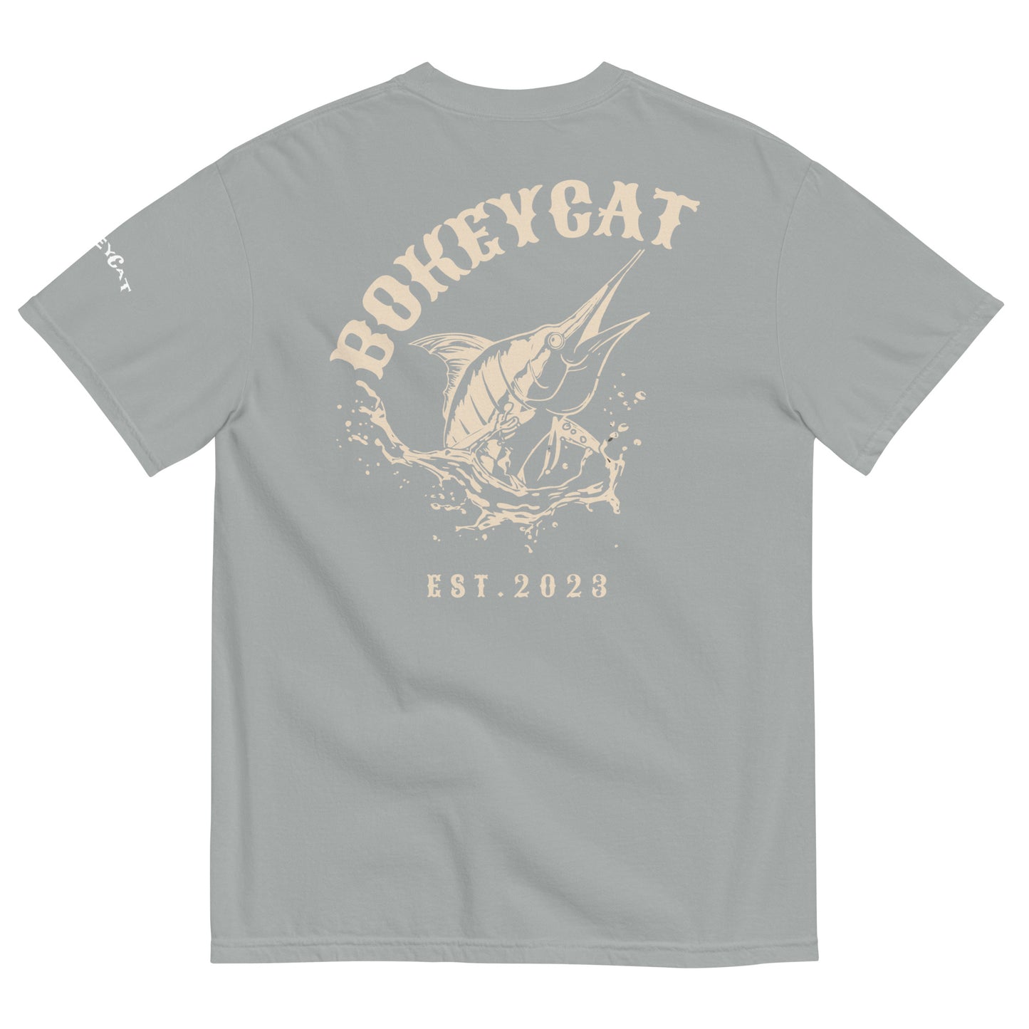 BokeyCat Unisex garment-dyed heavyweight t-shirt (print is off white in color on back of shirt)