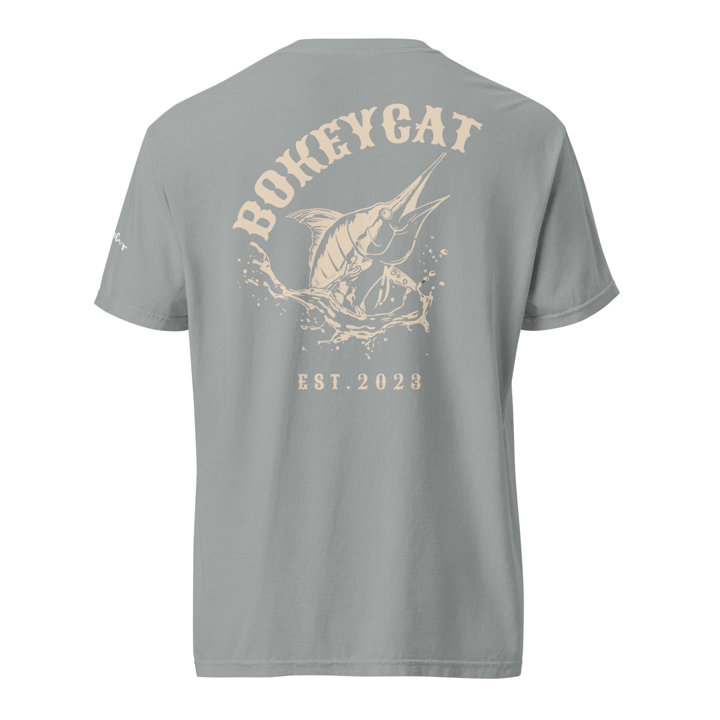 BokeyCat Unisex garment-dyed heavyweight t-shirt (print is off white in color on back of shirt)