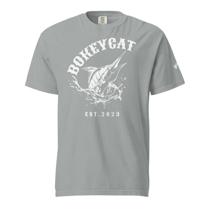 BokeyCat Unisex garment-dyed heavyweight t-shirt (print is off white in color on back of shirt)