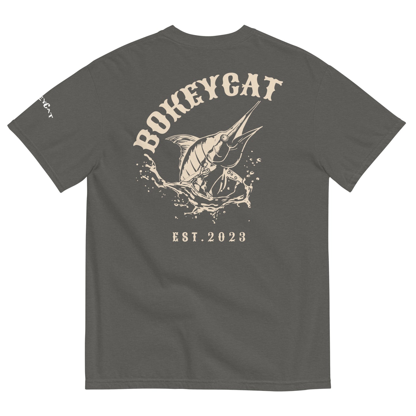 BokeyCat Unisex garment-dyed heavyweight t-shirt (print is off white in color on back of shirt)