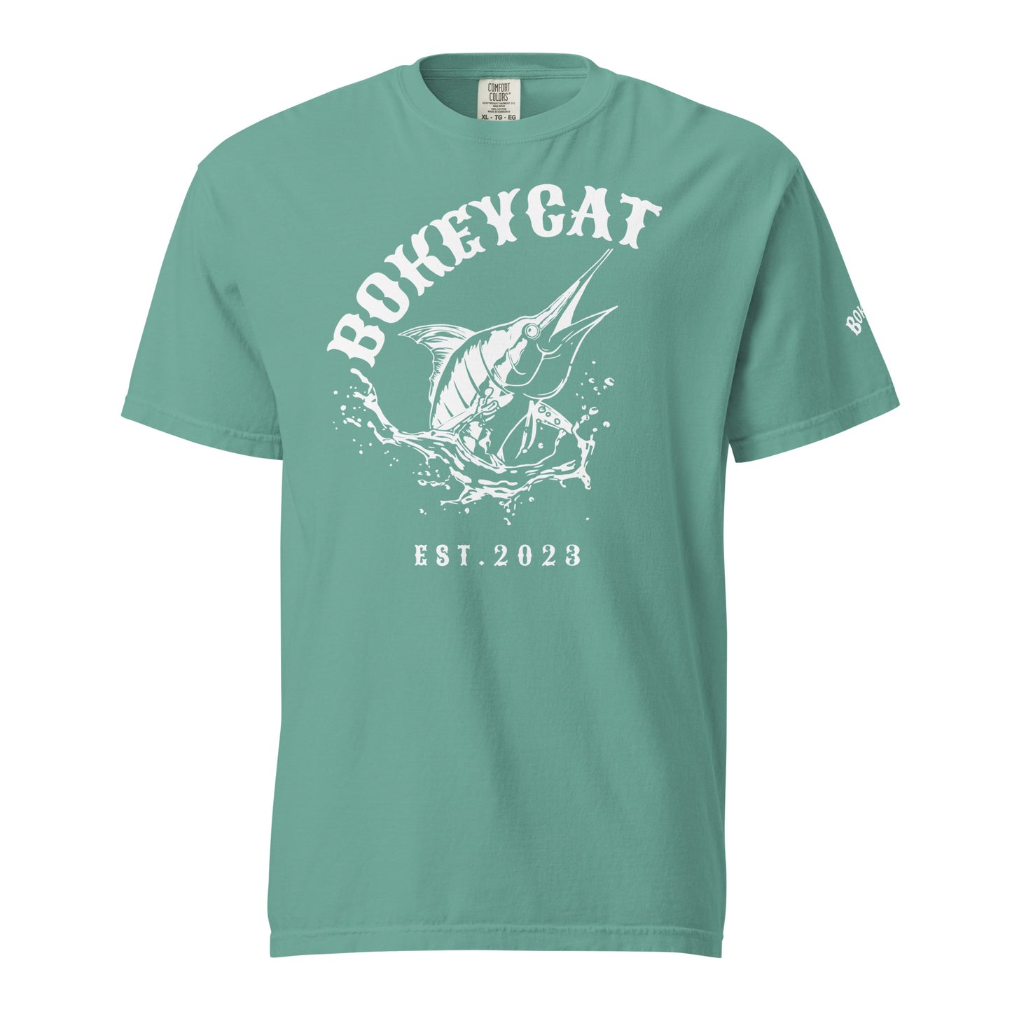 BokeyCat Unisex garment-dyed heavyweight t-shirt (print is off white in color on back of shirt)